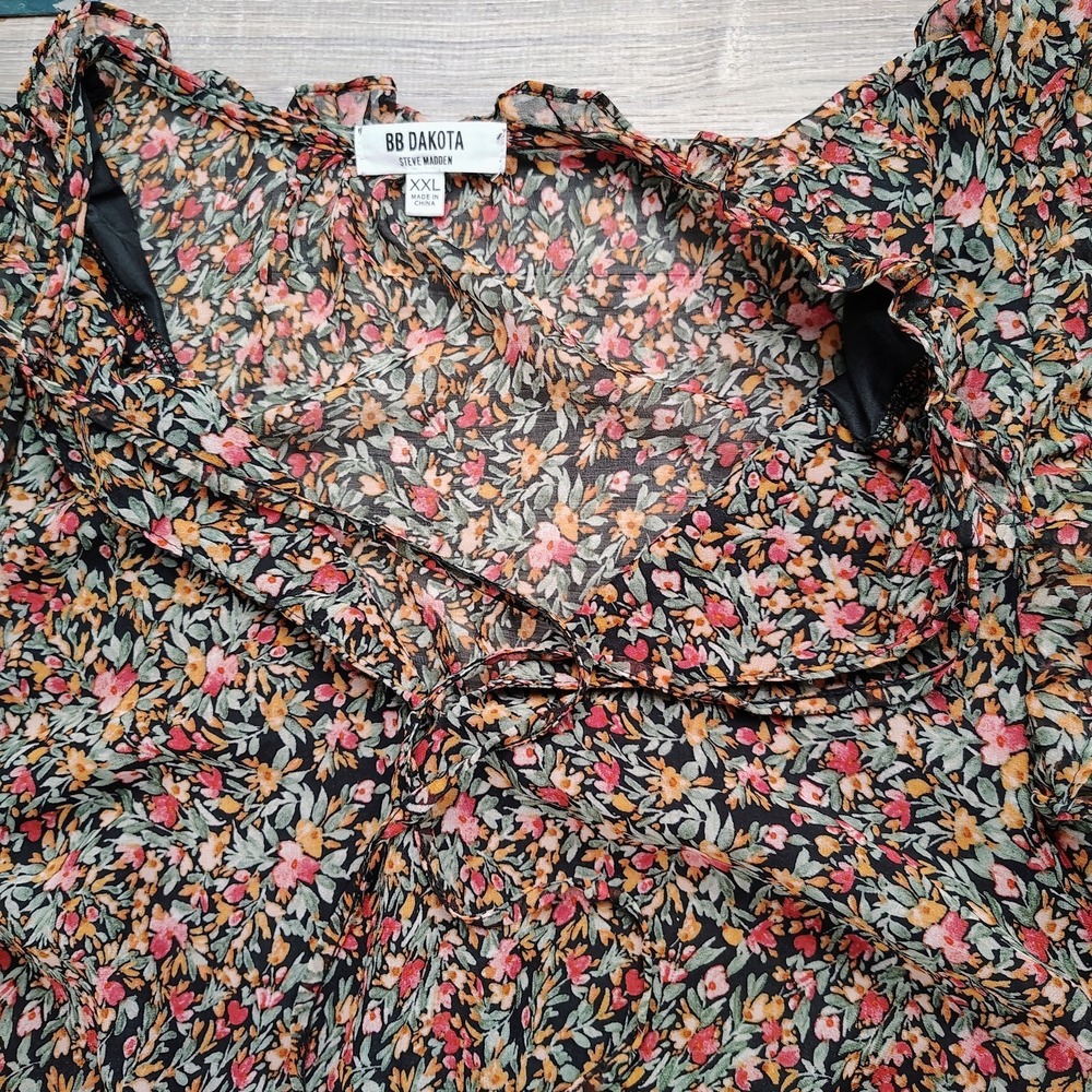 BB DAKOTA‎ Steve Madden Floral Chiffon Tiered Dress Ruffle Trim Tie Neck XXL - Picture 8 of 14